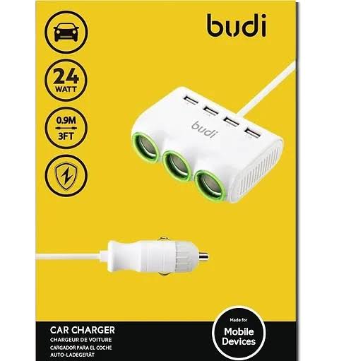 Budi 24W 3 Car Charger Socket with 4 USB Ports